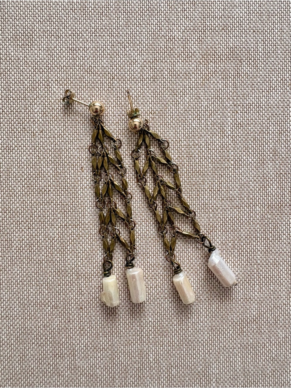 Michelle Ross Chain Drop Earrings with Cream Pearl Dangles